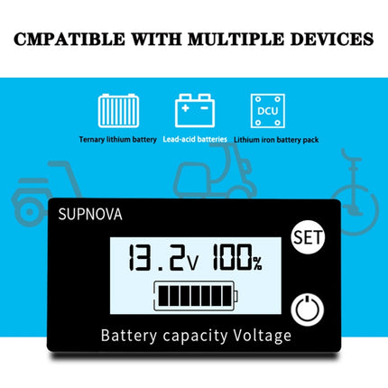 SUPNOVA DC 8-100V Battery Capacity Indicator Voltmeter Voltage Gauge,Style:, White, White + Alarm + Temperature, Blue, Blue +Alarm + Temperature