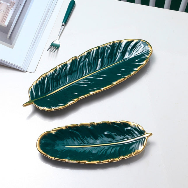 Phnom Penh Ceramic Dessert Plate Feather Plate Banana Leaf Fruit Dried Fruit Storage Tray, Size:, Large （Bright Emerald), Small (Bright Emerald), Large (Bright Peach Pink), Small (Bright Peach Pink), Large (Matt Black), Small (Matte  Black)            ...