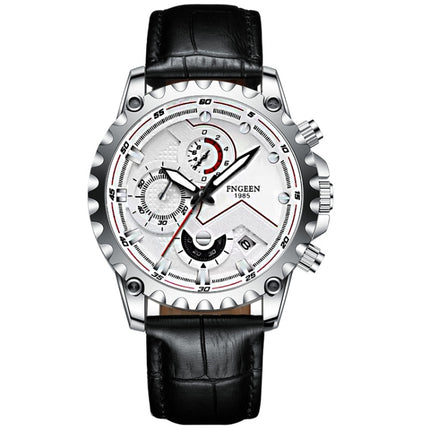 FNGEEN 5055 Men Waterproof Sports Fashion Stainless Steel Watch, Black Steel Black Surface, White Steel Black Surface, White Steel White Surface, Black Leather Black Steel Black Surface, Black Leather White Steel Black Surface                          ...