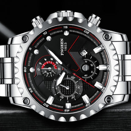 FNGEEN 5055 Men Waterproof Sports Fashion Stainless Steel Watch, Black Steel Black Surface, White Steel Black Surface, White Steel White Surface, Black Leather Black Steel Black Surface, Black Leather White Steel Black Surface                          ...