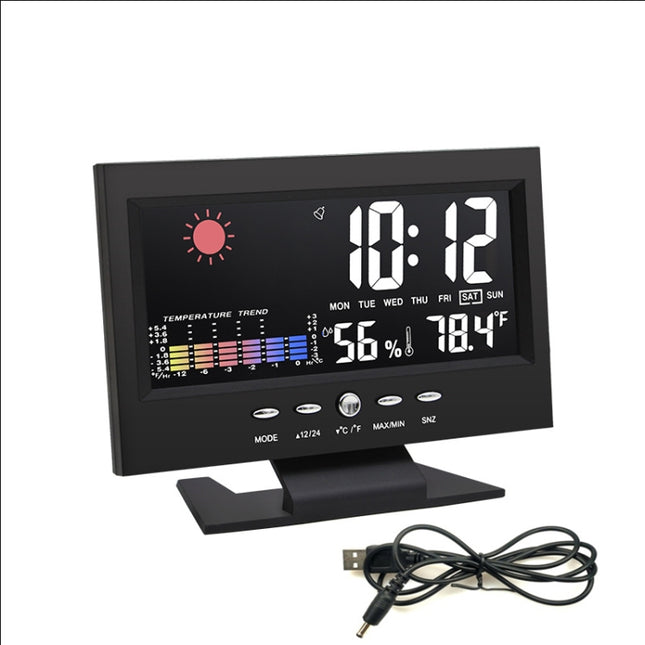 8082T Weather Forecast Clock LED Color Screen Perpetual Calendar Temperature And Humidity Intelligent Voice Control Electronic Alarm Cloc,Specification:, Black, Black + USB