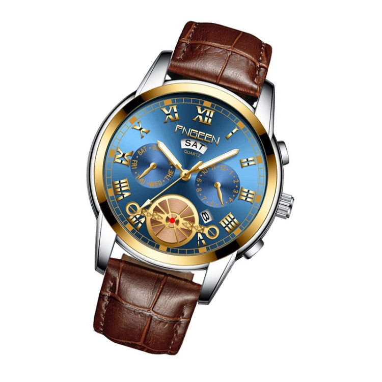 FNGEEN 4001 Men Non-Mechanical Watch Multi-Function Quartz Watch, Brown Leather Gold Blue Surface, Black Steel White Surface Gold Nails, Brown Leather Gold Black Surface