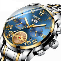 FNGEEN 4001 Men Non-Mechanical Watch Multi-Function Quartz Watch, Brown Leather Gold Blue Surface, Black Steel White Surface Gold Nails, Brown Leather Gold Black Surface