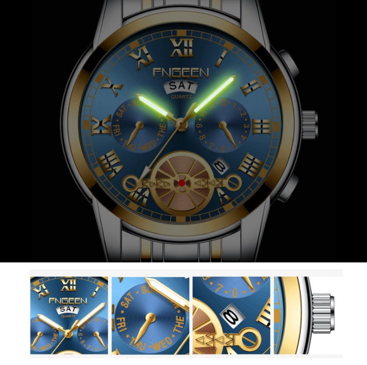 FNGEEN 4001 Men Non-Mechanical Watch Multi-Function Quartz Watch, Brown Leather Gold Blue Surface, Black Steel White Surface Gold Nails, Brown Leather Gold Black Surface