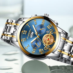 FNGEEN 4001 Men Non-Mechanical Watch Multi-Function Quartz Watch, Brown Leather Gold Blue Surface, Black Steel White Surface Gold Nails, Brown Leather Gold Black Surface