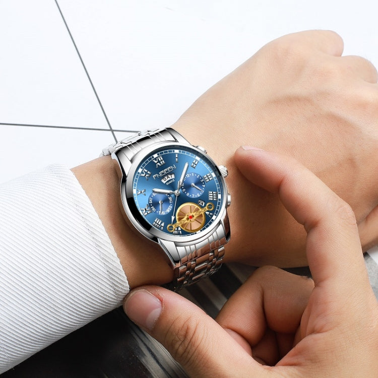 FNGEEN 4001 Men Non-Mechanical Watch Multi-Function Quartz Watch, Brown Leather Gold Blue Surface, Black Steel White Surface Gold Nails, Brown Leather Gold Black Surface