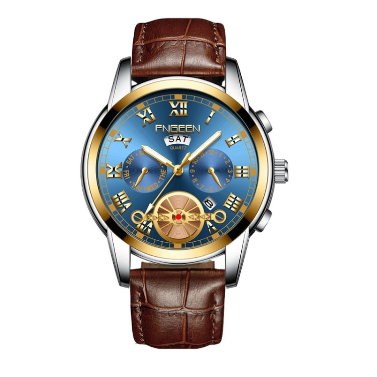 FNGEEN 4001 Men Non-Mechanical Watch Multi-Function Quartz Watch, Brown Leather Gold Blue Surface, Black Steel White Surface Gold Nails, Brown Leather Gold Black Surface
