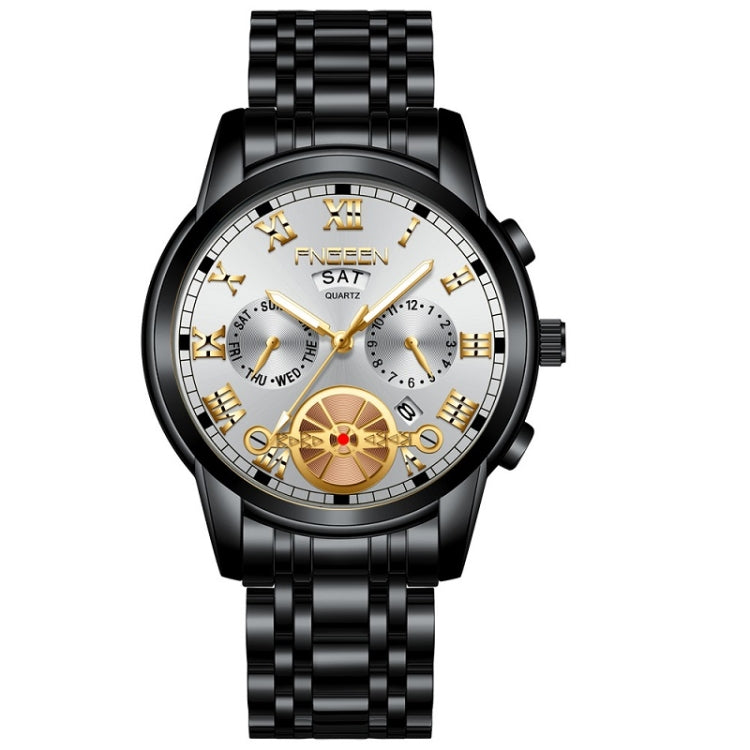 FNGEEN 4001 Men Non-Mechanical Watch Multi-Function Quartz Watch, Brown Leather Gold Blue Surface, Black Steel White Surface Gold Nails, Brown Leather Gold Black Surface
