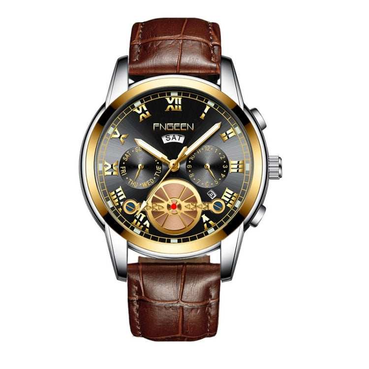 FNGEEN 4001 Men Non-Mechanical Watch Multi-Function Quartz Watch, Brown Leather Gold Blue Surface, Black Steel White Surface Gold Nails, Brown Leather Gold Black Surface