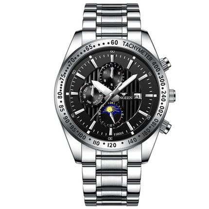 FNGEEN 5800 Men Three Eyes and Six Pins Watch Student Quartz Watch, Black Steel Black Surface, Black Steel White Surface, White Steel Black Surface, White Steel White Surface, Black Leather Black Steel Black Surface                                     ...