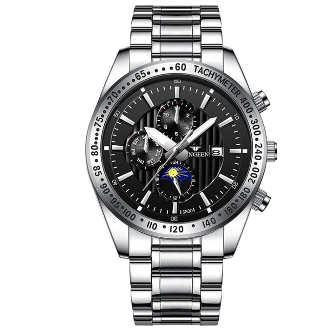 FNGEEN 5800 Men Three Eyes and Six Pins Watch Student Quartz Watch, Black Steel Black Surface, Black Steel White Surface, White Steel Black Surface, White Steel White Surface, Black Leather Black Steel Black Surface                                     ...