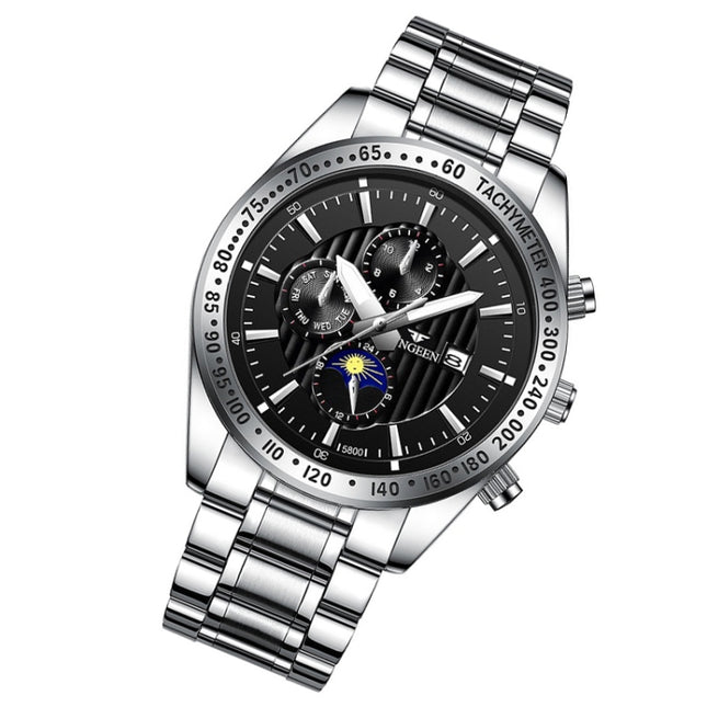 FNGEEN 5800 Men Three Eyes and Six Pins Watch Student Quartz Watch, Black Steel Black Surface, Black Steel White Surface, White Steel Black Surface, White Steel White Surface, Black Leather Black Steel Black Surface                                     ...