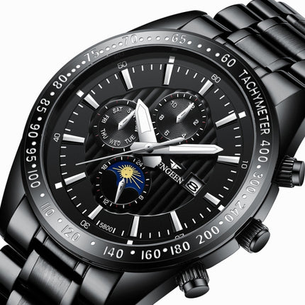 FNGEEN 5800 Men Three Eyes and Six Pins Watch Student Quartz Watch, Black Steel Black Surface, Black Steel White Surface, White Steel Black Surface, White Steel White Surface, Black Leather Black Steel Black Surface                                     ...