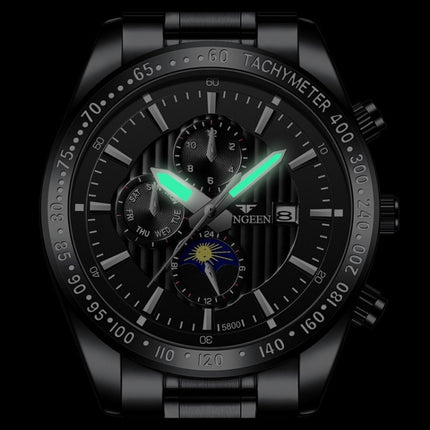 FNGEEN 5800 Men Three Eyes and Six Pins Watch Student Quartz Watch, Black Steel Black Surface, Black Steel White Surface, White Steel Black Surface, White Steel White Surface, Black Leather Black Steel Black Surface                                     ...