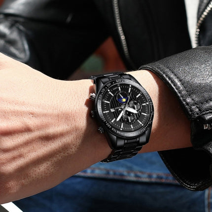 FNGEEN 5800 Men Three Eyes and Six Pins Watch Student Quartz Watch, Black Steel Black Surface, Black Steel White Surface, White Steel Black Surface, White Steel White Surface, Black Leather Black Steel Black Surface                                     ...