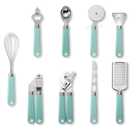 9 in 1 Plastic Handle Stainless Steel Kitchen Utensils Household Gadget Set, Cyan, Black
