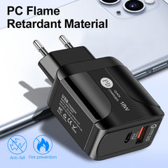 18W PD + QC 3.0 Fast Charge Travel Charger Power Adapter With LED Indication Function, EU Plug Black, US Plug Black, UK Plug Black, EU Plug White, US Plug White, UK Plug White