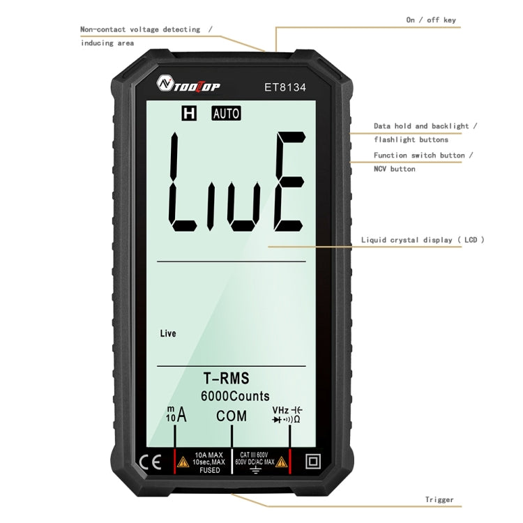 TOOLTOP ET8134 4.7 Inch LCD Full-Screen Multimeter With Color Change Alarm Function