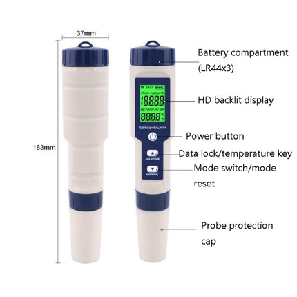 EZ-9909 PH/Salinity/Temperature/TDS/EC 5-in-1 Test Pen Multifunctional Water Quality Detector