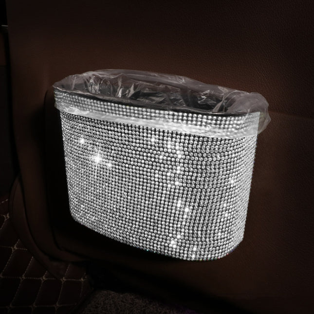 Car-Studded Trash Can Personality Car Hanging Trash Bag Multi-Function Car Storage Box, Colorful Diamonds, White Diamonds