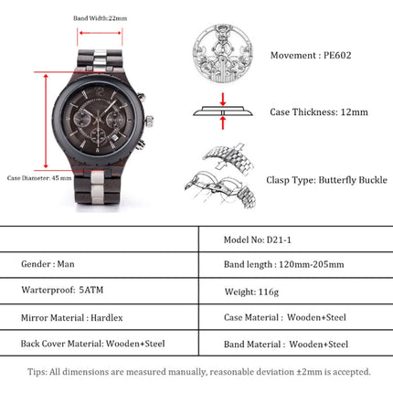 D21 Men Wooden Strap Stainless Steel Luminous Waterproof Watch