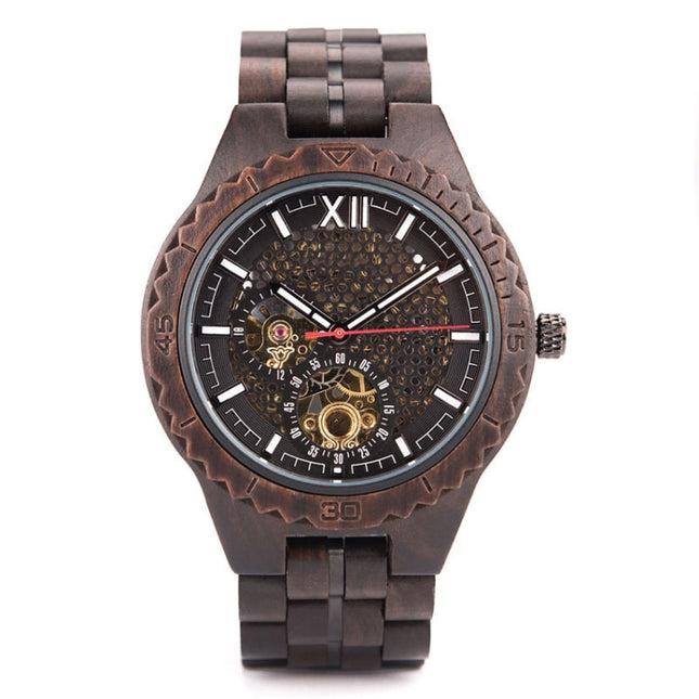 Hollow Dial Wooden Strap Men Mechanical Watch