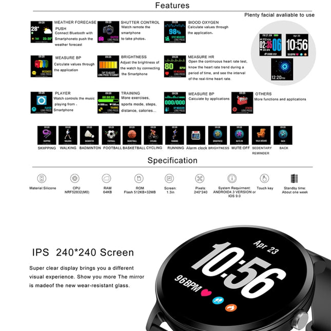 V11 Smartwatch Real-time Heart Rate Blood Pressure Monitor Multi-sport mode Breathing Light Smart Watch for Android IOS Phone