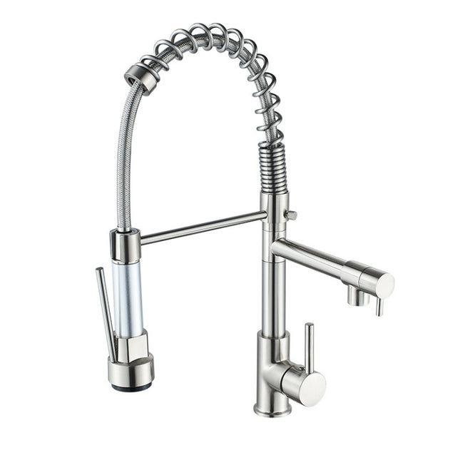 Copper And Nickel Brushed Double Outlet Spring Faucet Rotatable Kitchen Hot And Cold Water Faucet, Brushed Silver