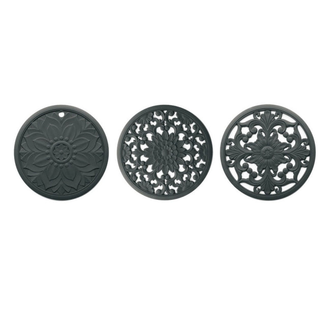 3 in 1 Hollow Flower Silicone Heat Insulation Pad Anti-Scalding Pot Bowl Pad Set, Black, Yellow, Blue, Green, Purple, Gray