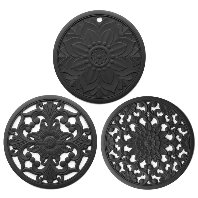3 in 1 Hollow Flower Silicone Heat Insulation Pad Anti-Scalding Pot Bowl Pad Set, Black, Yellow, Blue, Green, Purple, Gray