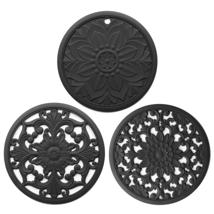 3 in 1 Hollow Flower Silicone Heat Insulation Pad Anti-Scalding Pot Bowl Pad Set, Black, Yellow, Blue, Green, Purple, Gray