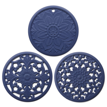 3 in 1 Hollow Flower Silicone Heat Insulation Pad Anti-Scalding Pot Bowl Pad Set, Black, Yellow, Blue, Green, Purple, Gray