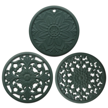 3 in 1 Hollow Flower Silicone Heat Insulation Pad Anti-Scalding Pot Bowl Pad Set, Black, Yellow, Blue, Green, Purple, Gray