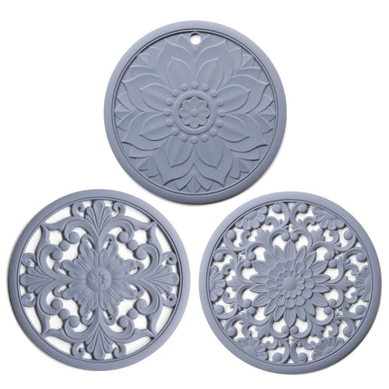 3 in 1 Hollow Flower Silicone Heat Insulation Pad Anti-Scalding Pot Bowl Pad Set, Black, Yellow, Blue, Green, Purple, Gray