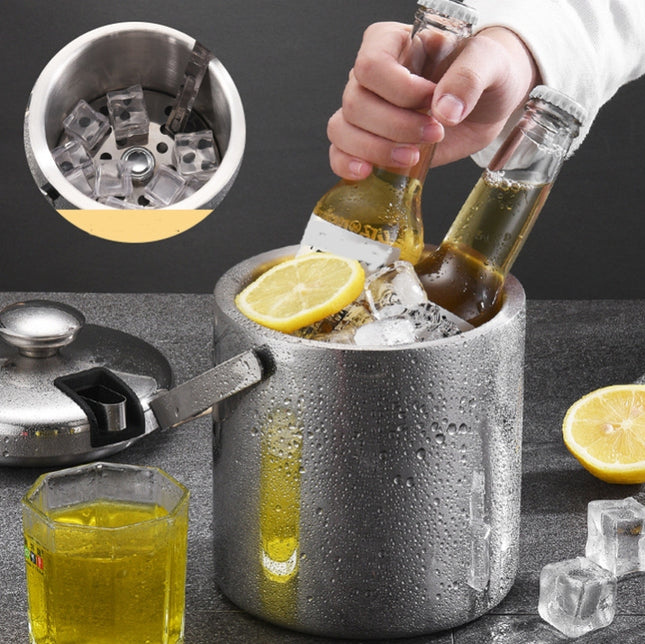 304 Stainless Steel Ice Bucket Double-Layer Hollow Bar Beer Wine Barrel With Ice Clip, Capacity: 1.3L, 1.3L With Ice Clip
