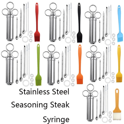 Stainless Steel Seasoning Steak Syringe Turkey Needle Set With Cleaning Silicone Brush