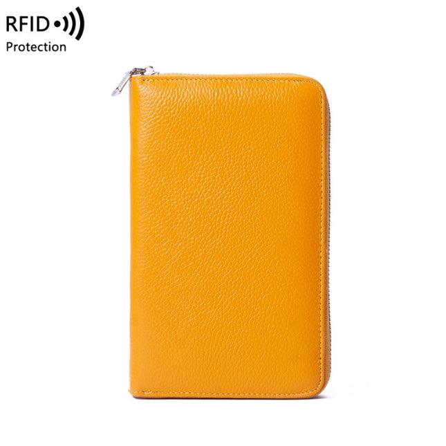 1659 Leather Belly Passport Bag RFID Long Wallet Men And Women Documents Package Multi-Function Zipper Mobile Phone Package, Yellow, Black, Wine Red, Brown, Army Green, Lotus Color, Orange, Lavender Purple, Linen Blue