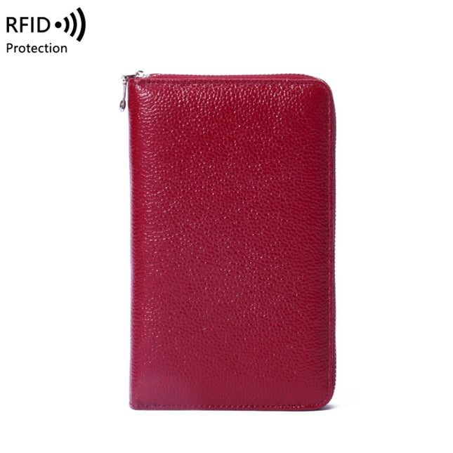 1659 Leather Belly Passport Bag RFID Long Wallet Men And Women Documents Package Multi-Function Zipper Mobile Phone Package, Yellow, Black, Wine Red, Brown, Army Green, Lotus Color, Orange, Lavender Purple, Linen Blue