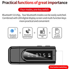 USB Car Bluetooth 5.0 Adapter Receiver FM + AUX Audio Dual Output Stereo Transmitter, K9 Black