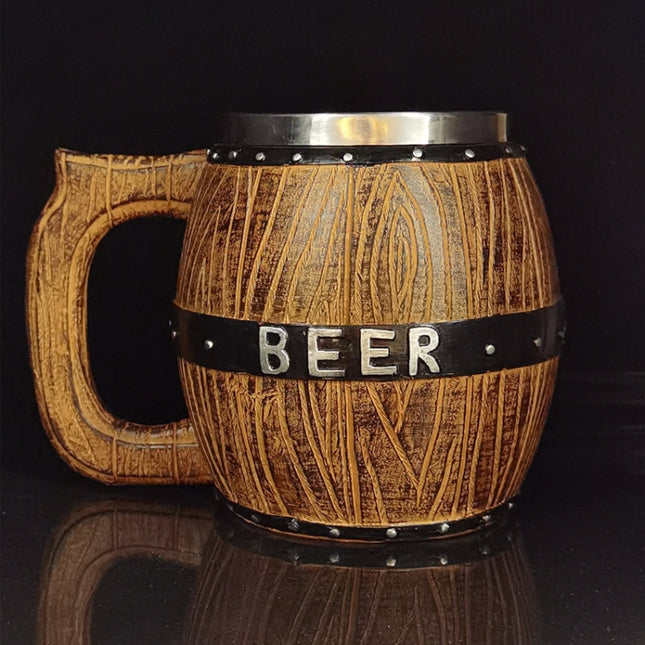 Stainless Steel Wooden Barrel Beer Mug Large Capacity Wine Barrel Cup Personalized Bar Supplies, 550ml, 450ml