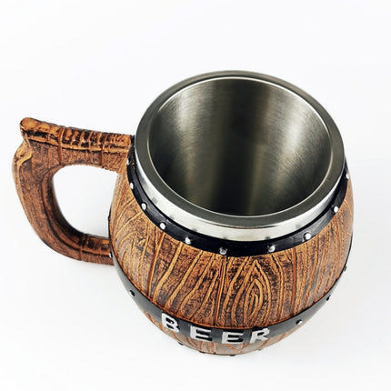 Stainless Steel Wooden Barrel Beer Mug Large Capacity Wine Barrel Cup Personalized Bar Supplies, 550ml, 450ml
