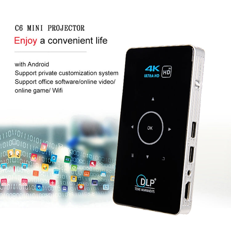C6 2GB+32GB Android Smart DLP HD Projector Mini Wireless Projector, US Plug (Black), EU Plug (Black), UK Plug (Black), AU Plug (Black), US Plug (White), UK Plug (White), AU Plug (White)