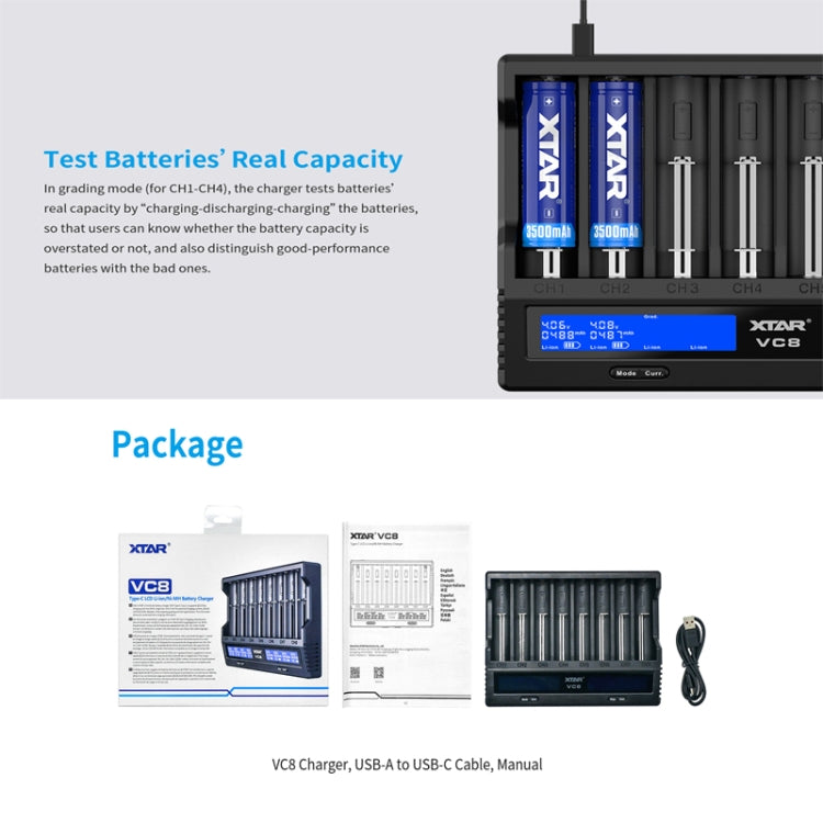 XTAR 8-Slot Battery Charger LCD Display Charger QC3.0 Type C Fast Charger for 21700 / 18650 Battery, VC8