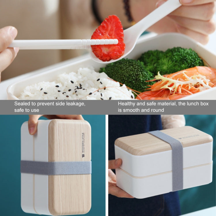 Office Double-layer Separated Lunch Box Wooden Portable Microwaveable Heating Student Bento Box with Cutlery, Double-layer