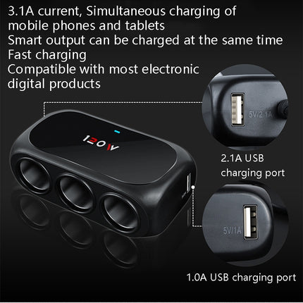 Car Charger Cigarette Lighter 1 In 3 Mobile Phone USB Car Charger, White, Black