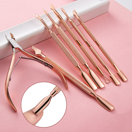 Stainless Steel Rose Gold Double-Headed Steel Push Dead Skin Scissors Nail Set,Style: D501, 01 Big Head, 02  Big Head, 03  Big Head, 04 Small Head, 05  Small Head, 06  Small Head, Dot Flower Needle, D501