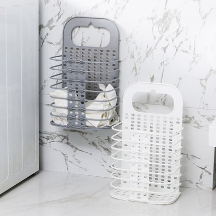 Household Bathroom Wall-Mounted Perforation-Free Folding Dirty Clothes Basket Toy Storage Basket, White, Grey