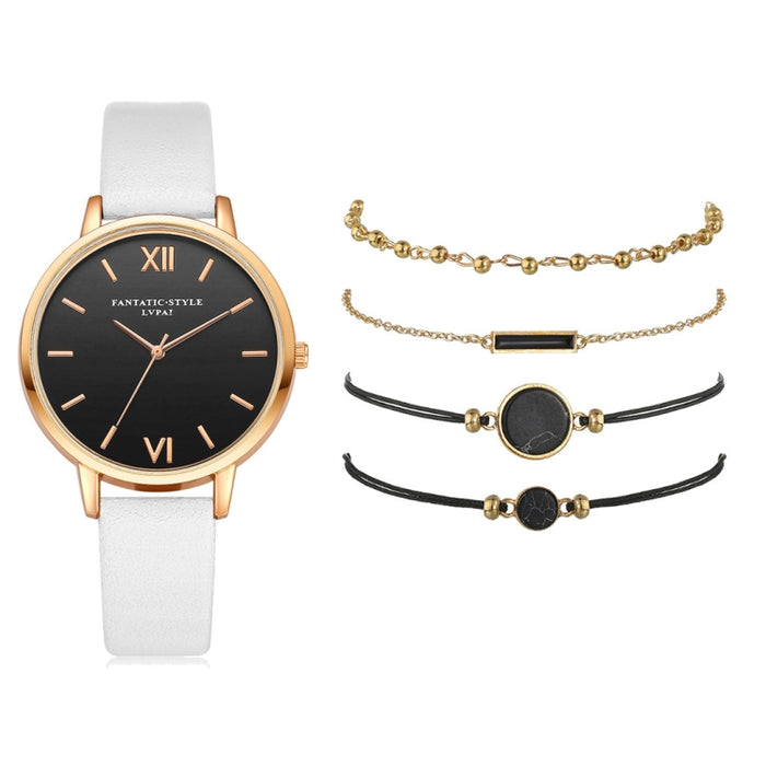 LVPAI XR3795 Ladies PU Strap Alloy Quartz Watch + Bracelet Set, White, Red, Blue, Black, Beige, Pink, Rose Red, Sky Blue, Brown