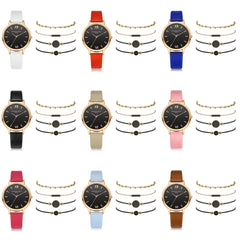 LVPAI XR3795 Ladies PU Strap Alloy Quartz Watch + Bracelet Set, White, Red, Blue, Black, Beige, Pink, Rose Red, Sky Blue, Brown