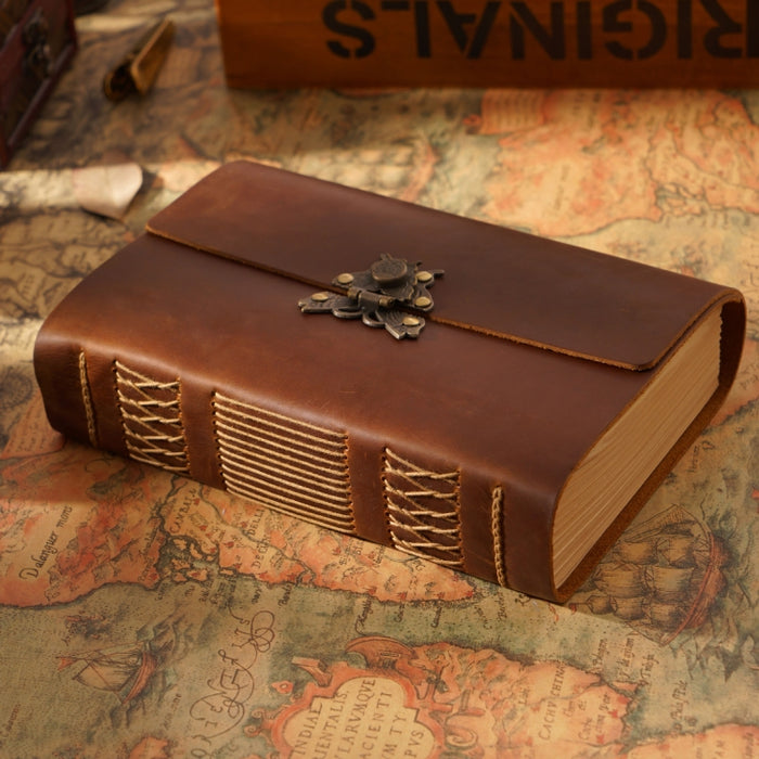 Handmade Sketchbook Cowhide Notebook Retro Notepad Notebook Diary Gift, Crazy Horse - Yellow Brown, Carved - Yellow Brown